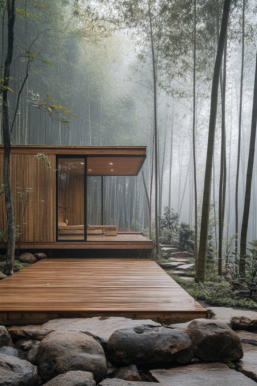 Wide angle view. Minimalist tiny house deck, bamboo screens, rocky garden, misty bamboo forest.