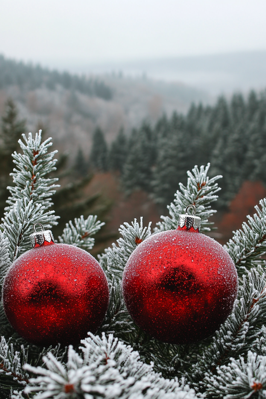 Modern Christmas décor. Glossy red ornaments amidst frosted pine on a overlooking frost-covered valley.