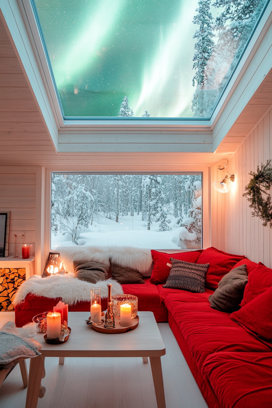 Scandinavian-inspired space. Red and white decor, skylight view of northern lights.