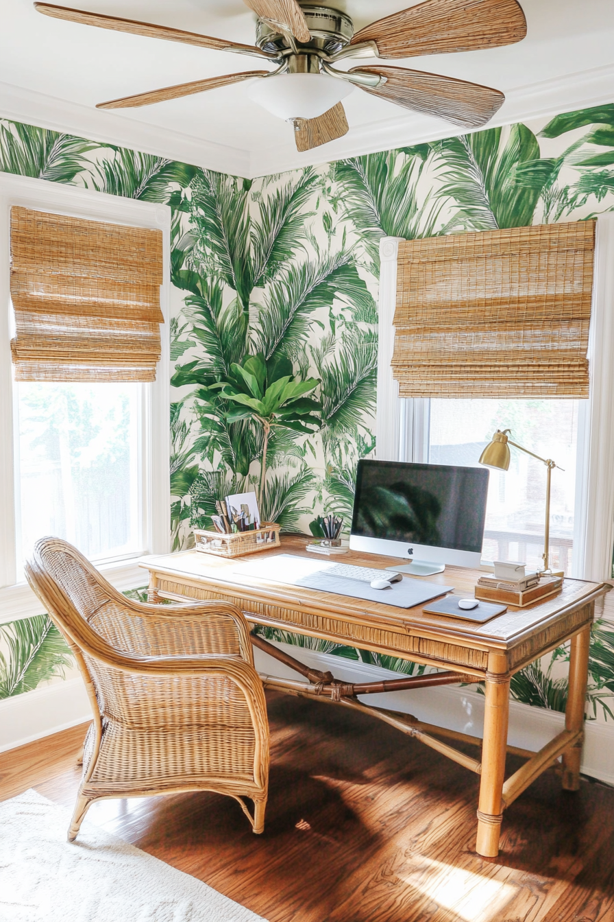 Tropical-modern tiny office. Rattan desk under palm leaf wallpaper with ceiling fan.