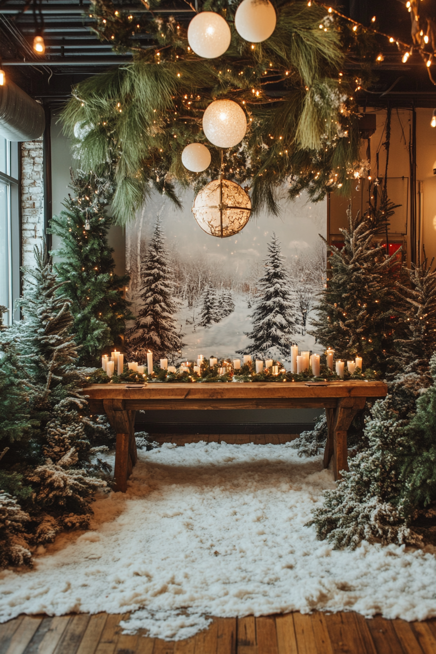 Wide-angle holiday space. Snowy pines, woodland decorations, moss details, whimsical lighting.