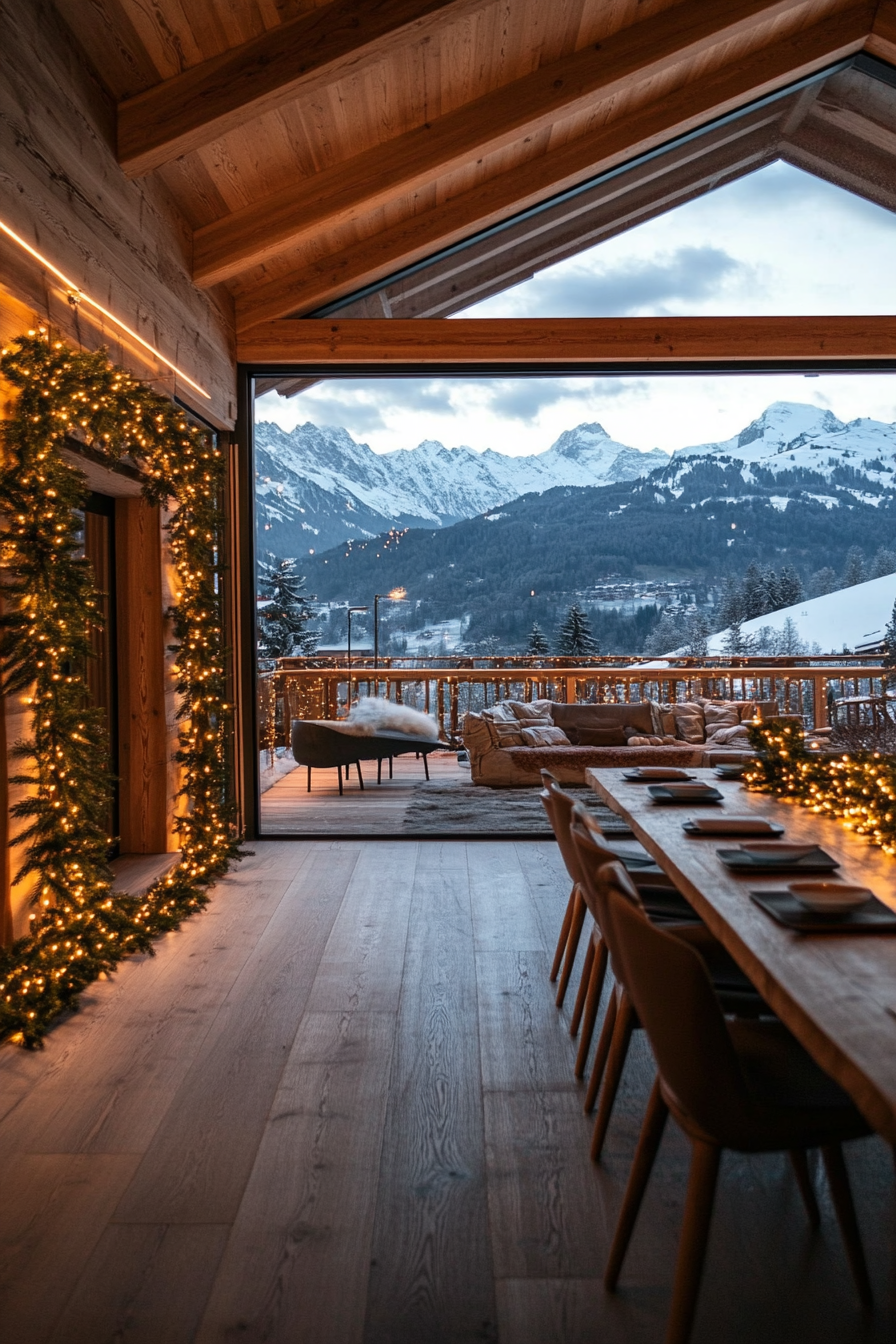 Wide angle view. Wooden furnished farmhouse space, pine garlands, overlooking snowy mountains.