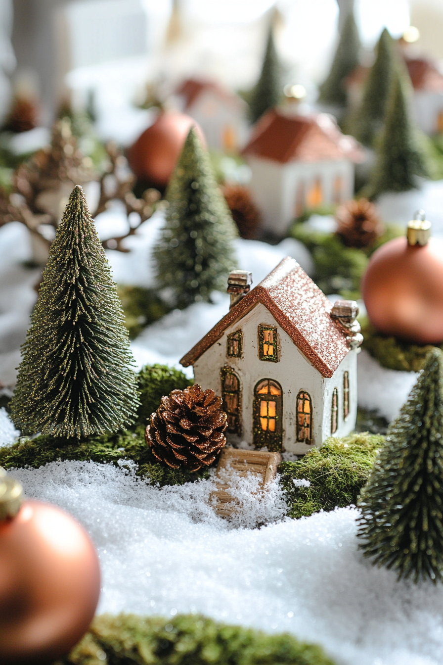 Wide angle holiday space. Forest-themed ornaments and moss details among snowy pines.