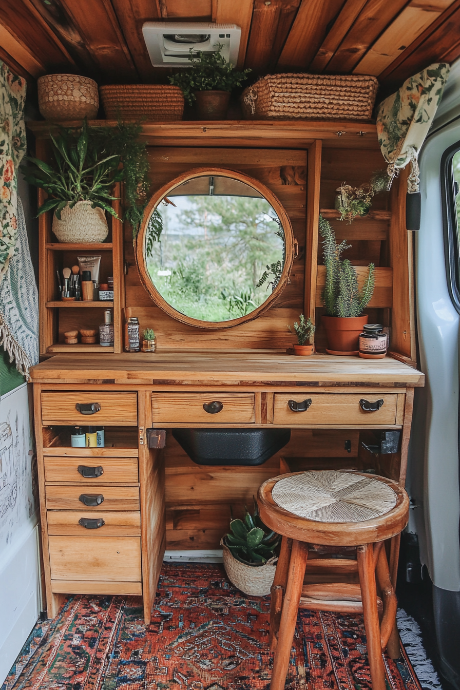 Bohemian van vanity. Wooden makeup storage, festival-inspired accent ring light, antique folding mirror.