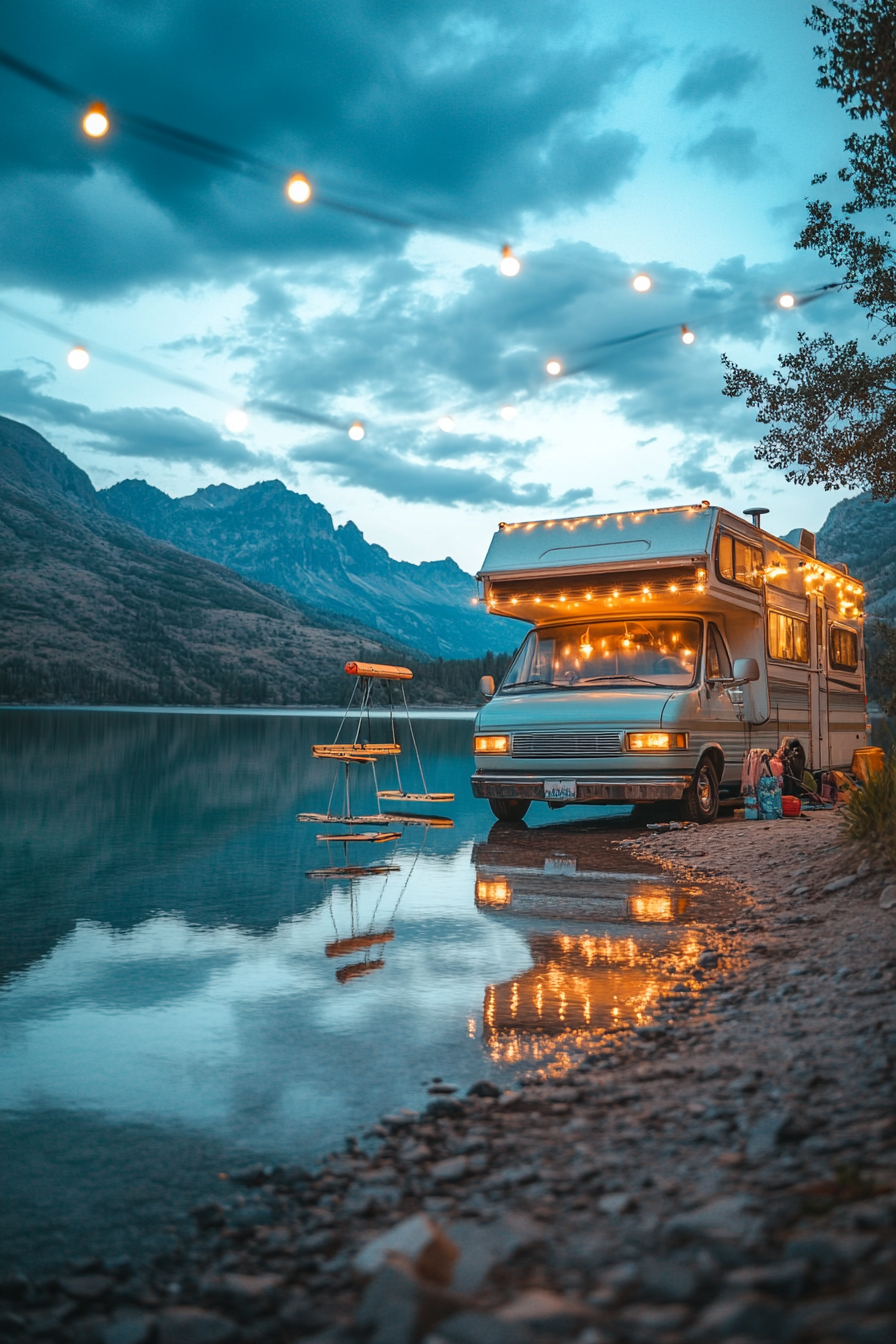 Wide-angle view. Retro-styled RV with metal gliders, beside a clear mountain lake under string lights.