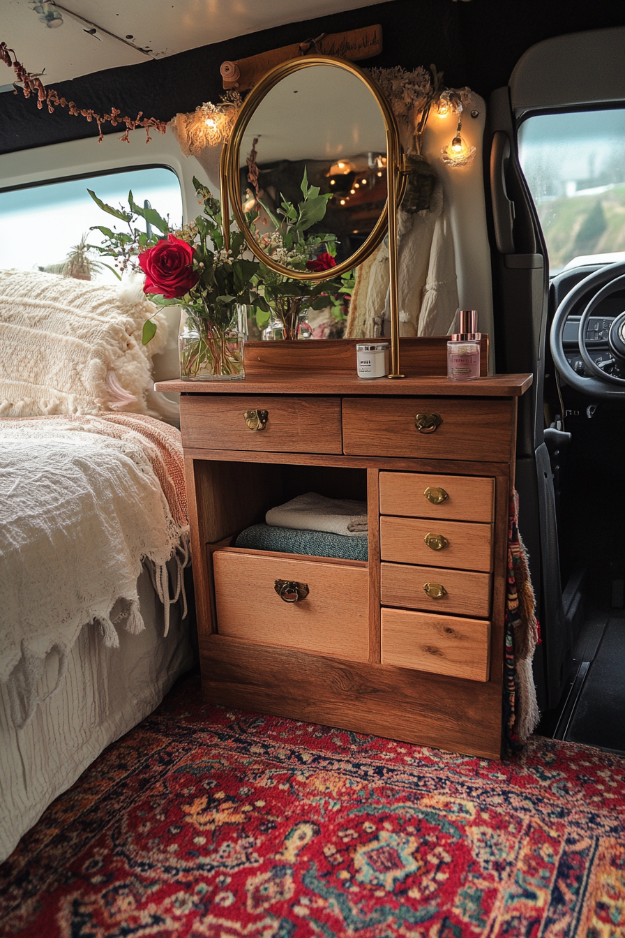 Bohemian Van Vanity. Ornamental car carpet, folding brass mirror, wooden makeup drawer, ring light.