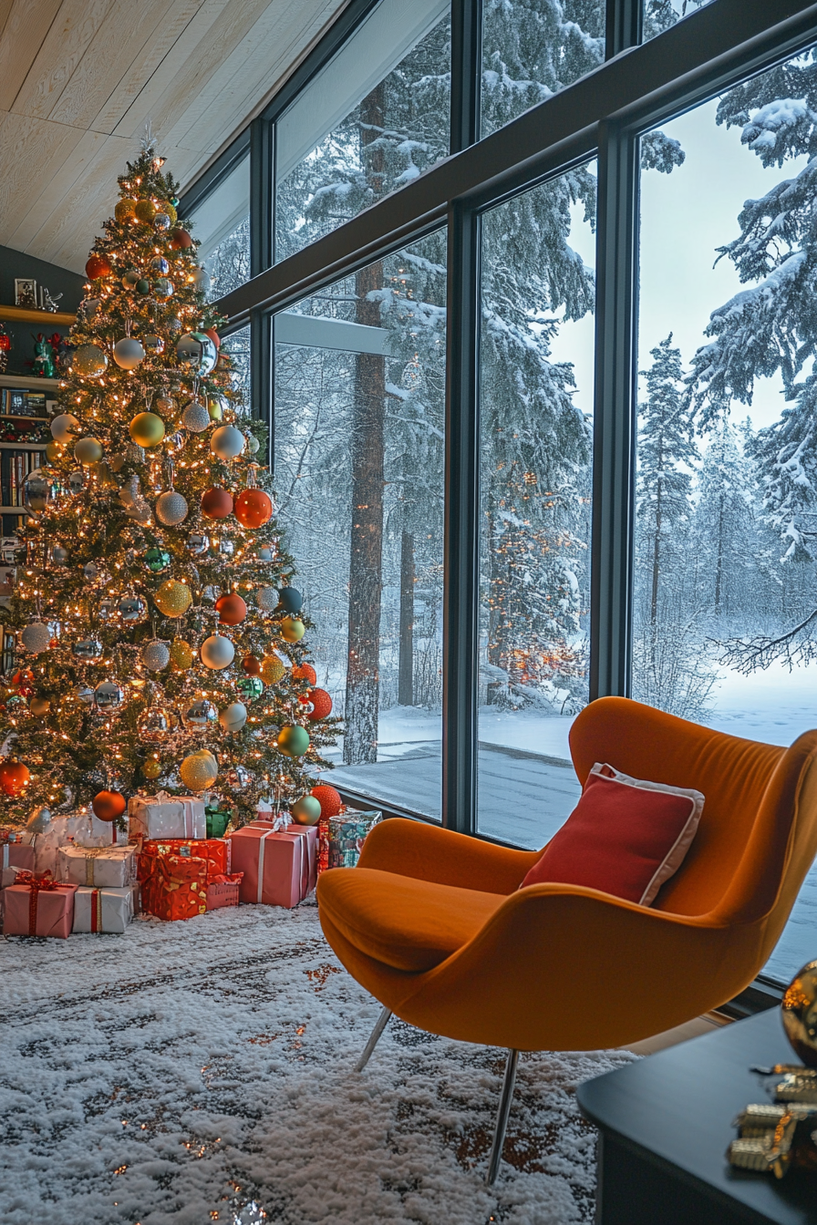 Wide angle view. Retro holiday interior with classic ornaments, aluminum tree, near a frozen lake.