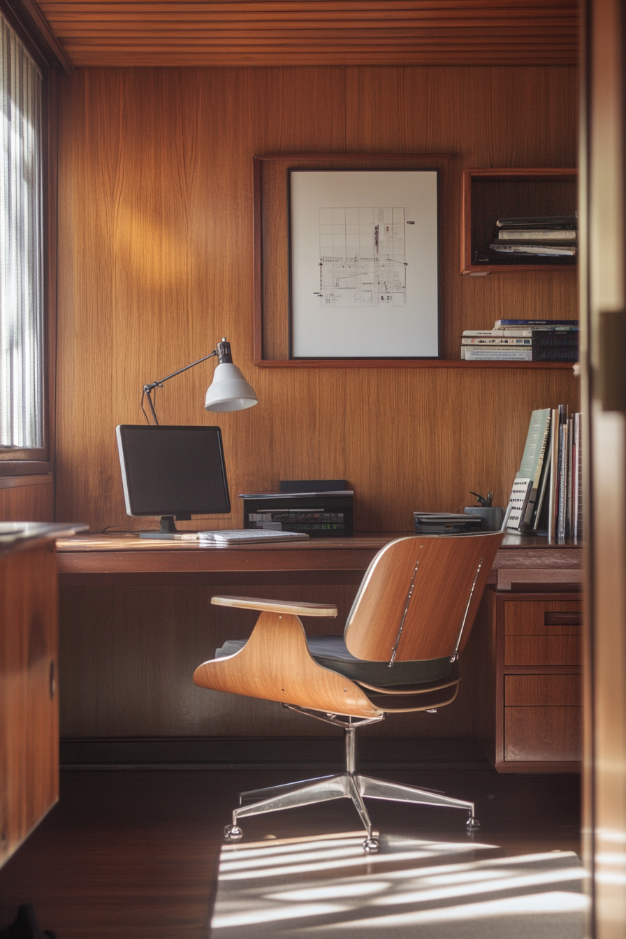 Wide angle view. Walnut paneled mobile workspace, vintage Eames chair, tilted lamp spotlight.