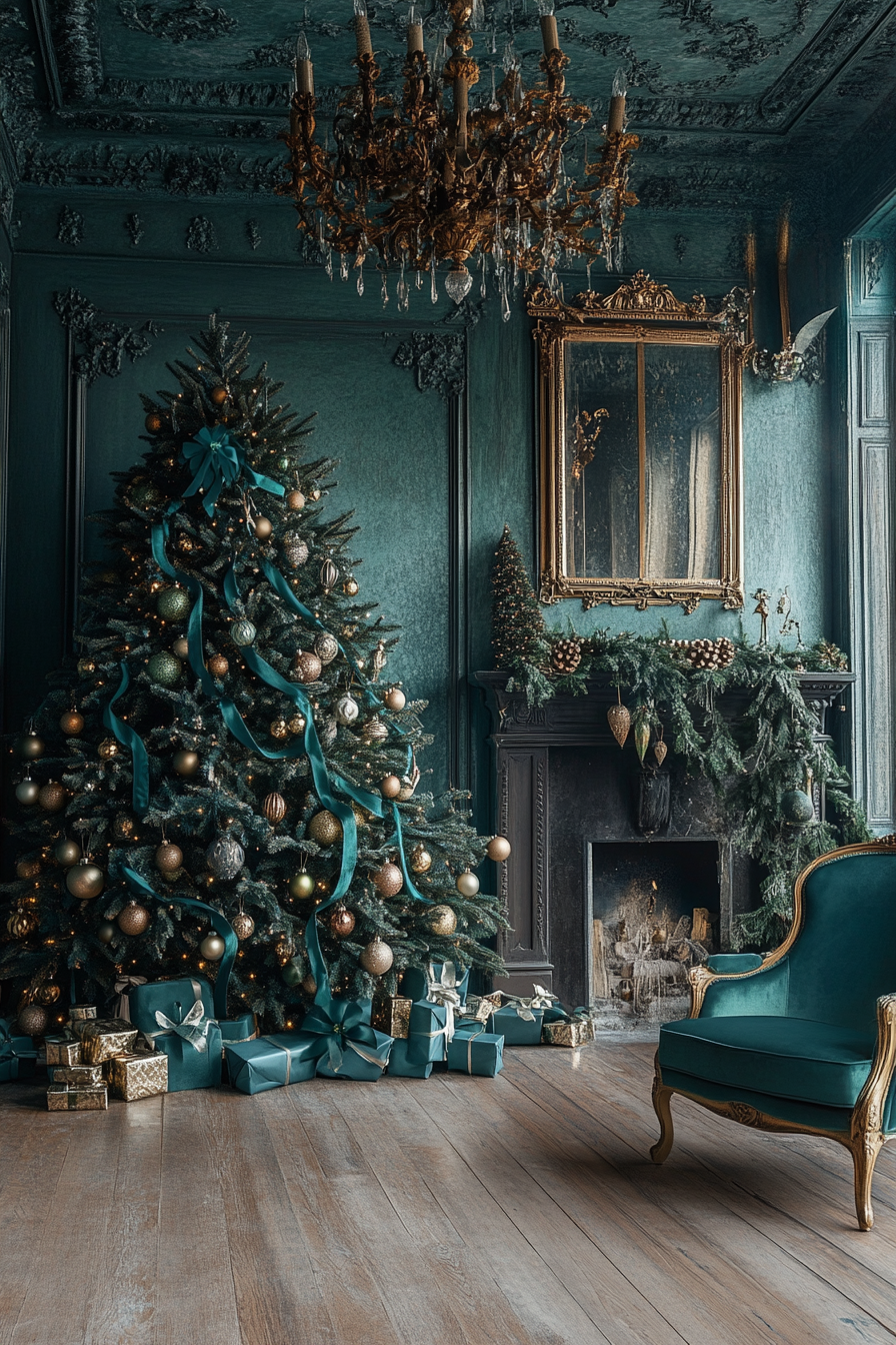 Elegant Christmas interior. Emerald velvet ribbons embellishing a vintage ornaments-decorated tree, wide angle.