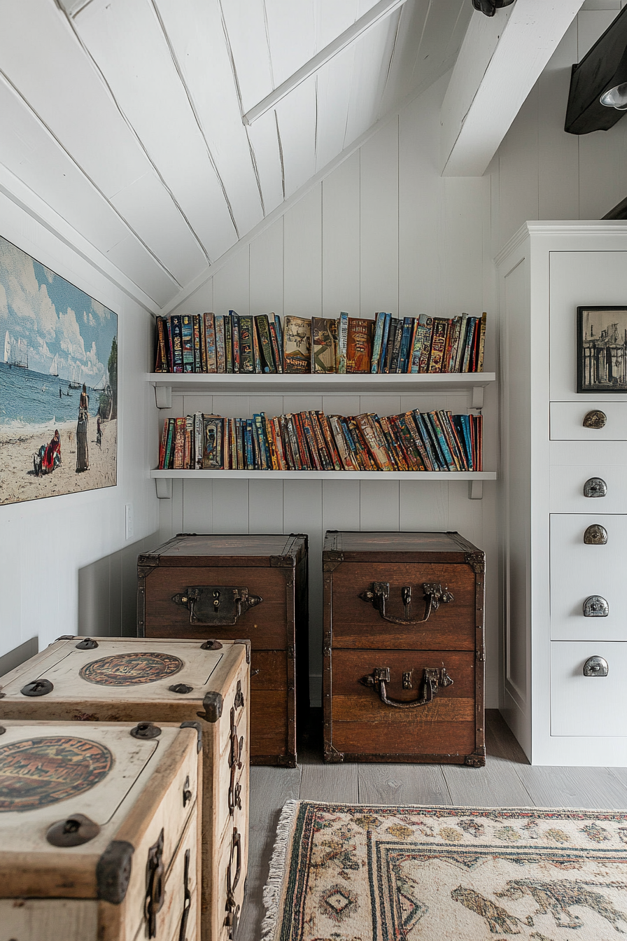 Coastal-style tiny game room. Antique chests as board game storage, whitewashed walls.