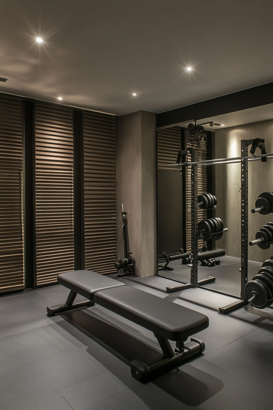 Contemporary Tiny Gym. Mirror wall, multi-purpose workout bench, wall-mounted weight rack, matte black floor.