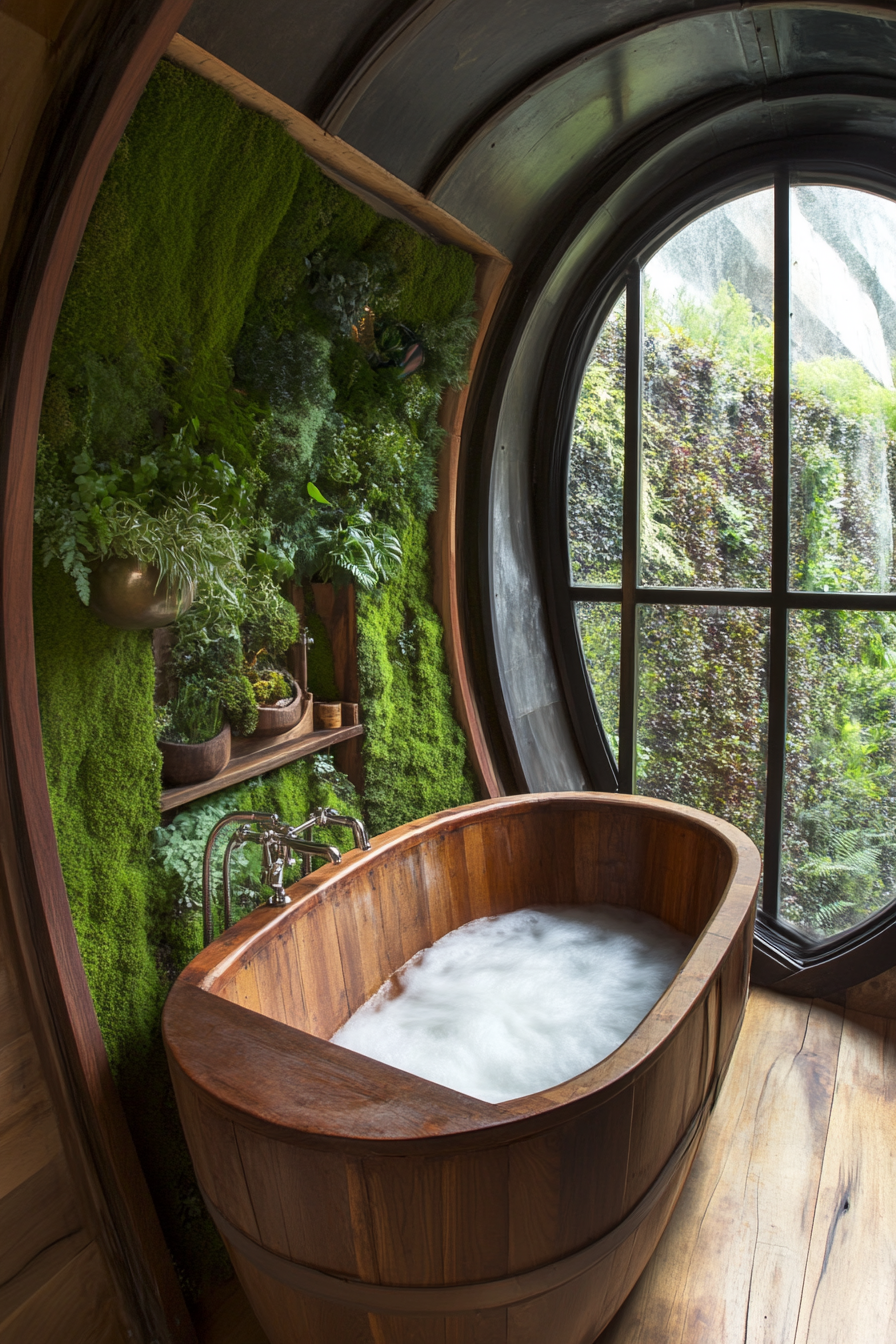 Tiny bathhouse. Teak wood soaking tub under a living moss wall.