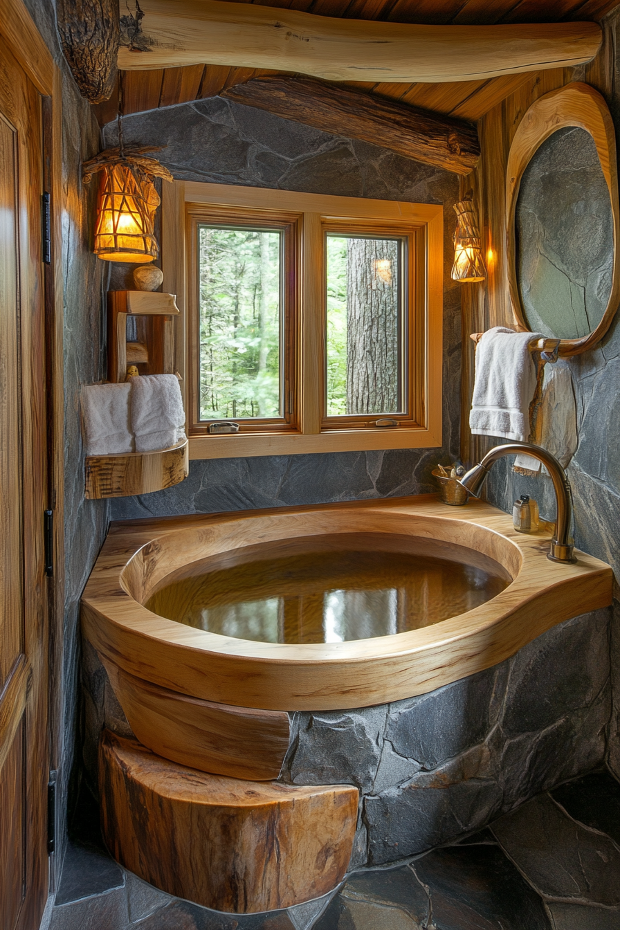 Natural tiny house bathroom. Wooden soaking tub, stone fixtures, wide-angle view.