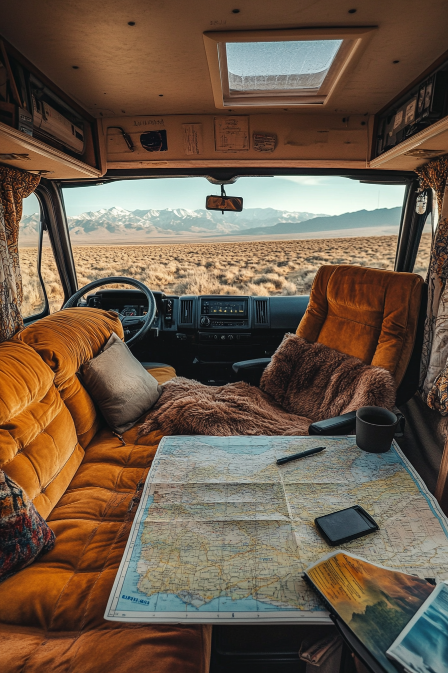 Desert-view van rooftop. Star surveillance tools, velvet recliner, navigation maps on the table.