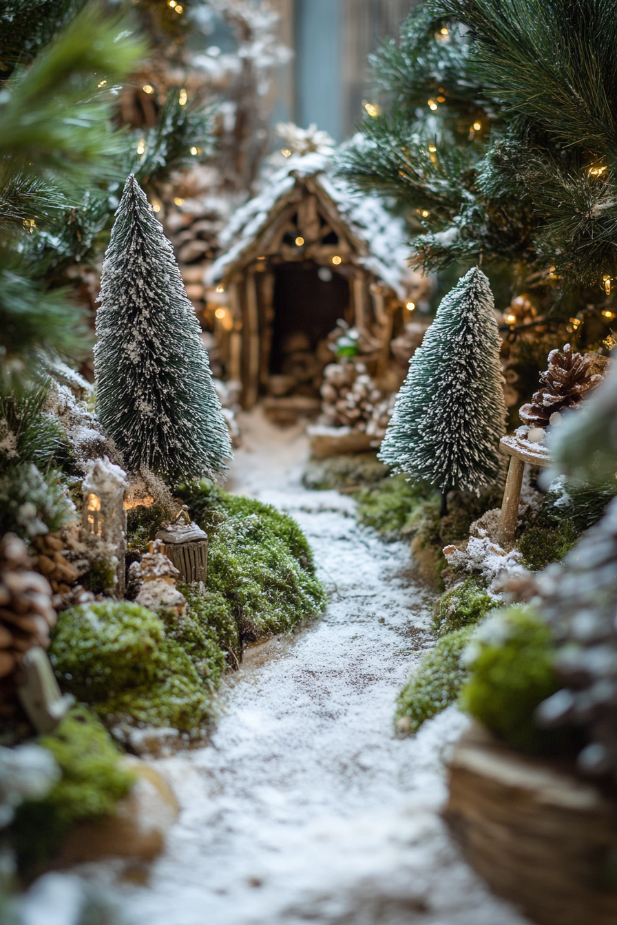 Wide angle holiday space with woodland decorations. Moss details and neighbouring snowy pines.