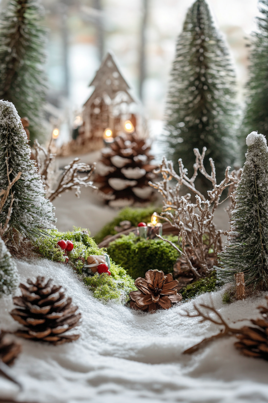 Wide angle holiday space. Woodland decorations, moss details, snowy pines.