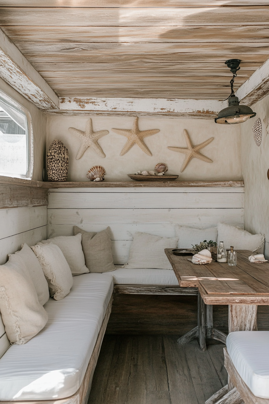 Van dining area. Driftwood tables, white cushioned benches, seashell accessories.