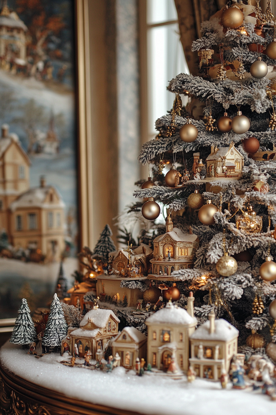 Elegant Christmas interior. Antique ornaments, velvet ribbons with wide snowe-covered village display.