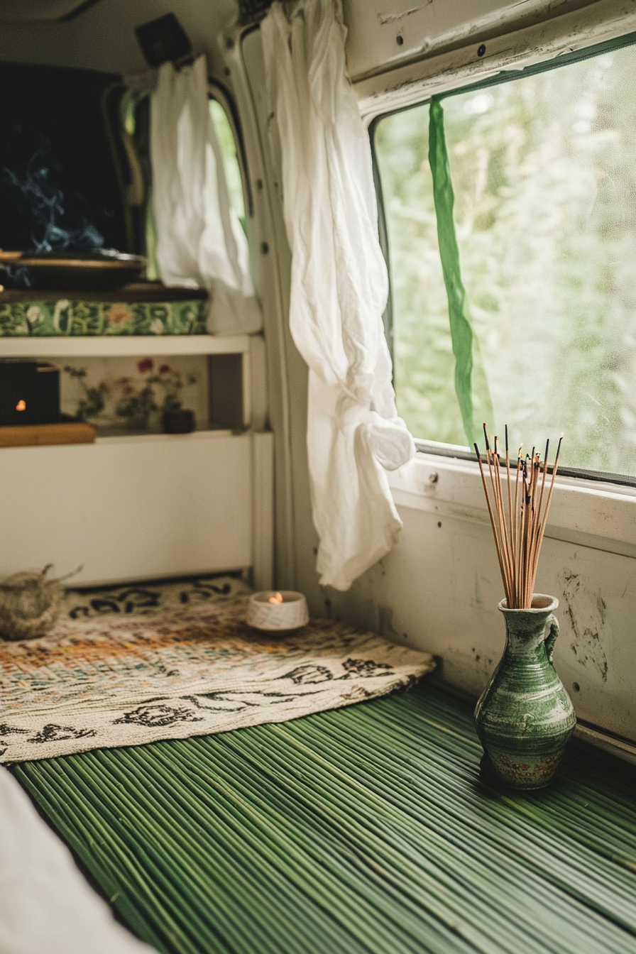 Meditation room. White and green painted van interior, bamboo mat, incense stick.