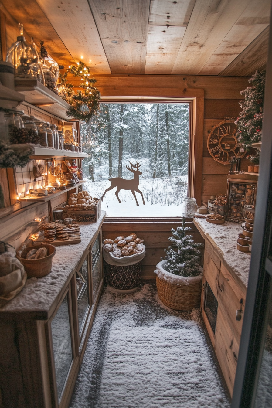 Wide angle view of holiday baking haven. Deer in the snowy meadow, cookie station, spice storage.