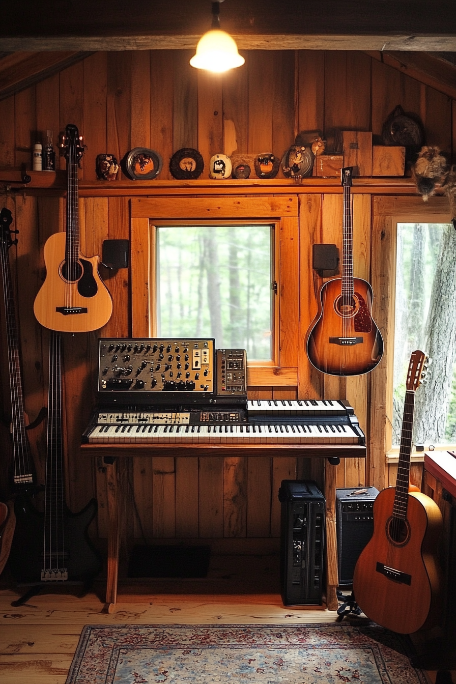 Tiny music room. Woodland-style design with mountable keyboard setup and wall-mounted guitar storage.