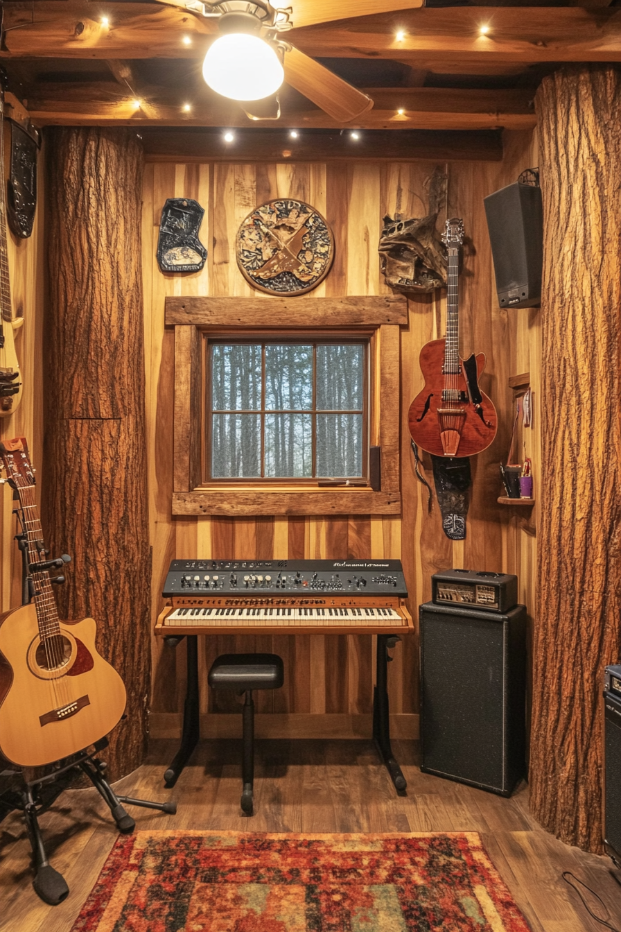 Tiny music room. Faux tree trunk columns, soundproofed paneling, mounted keyboard, and guitar wall.