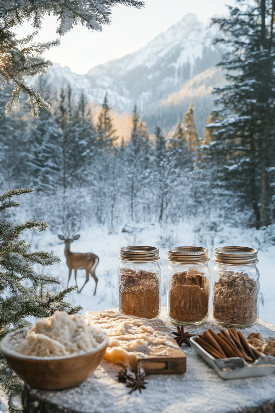 Wide angle view. Spice-filled mason jars, cookie dough on table, snowy meadow with browsing deer.