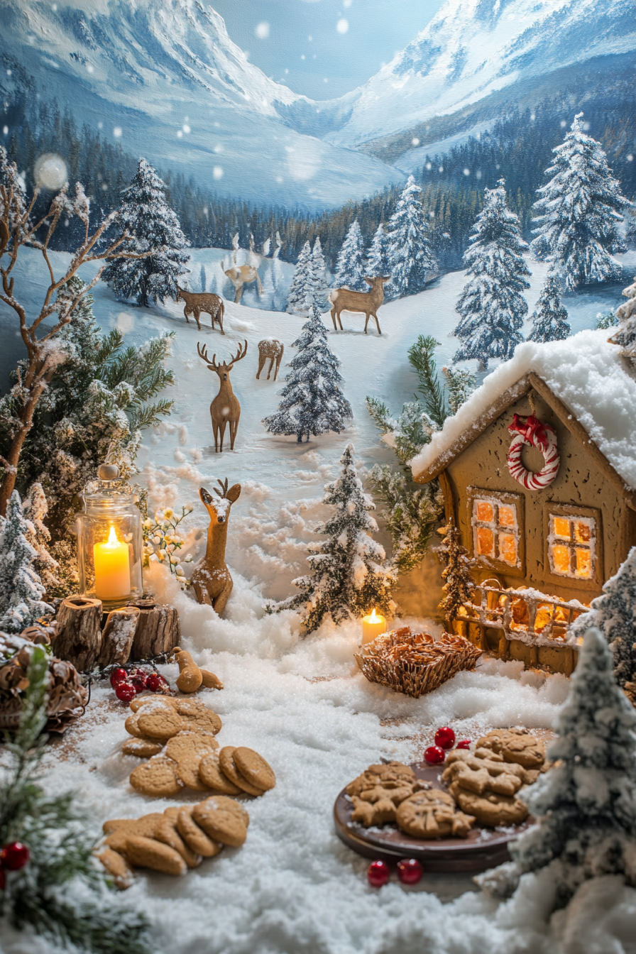 Wide angle view. Holiday baking station with gingerbread cookies, spice rack, and snowy meadow scenery with wandering deer.