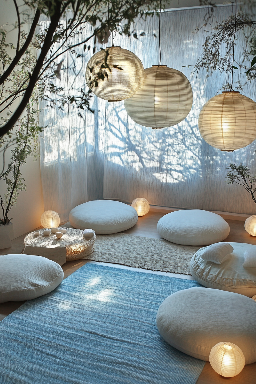 Zen-style van meditation room. Veiled white lanterns, round cushions, icy-blue thin rug.