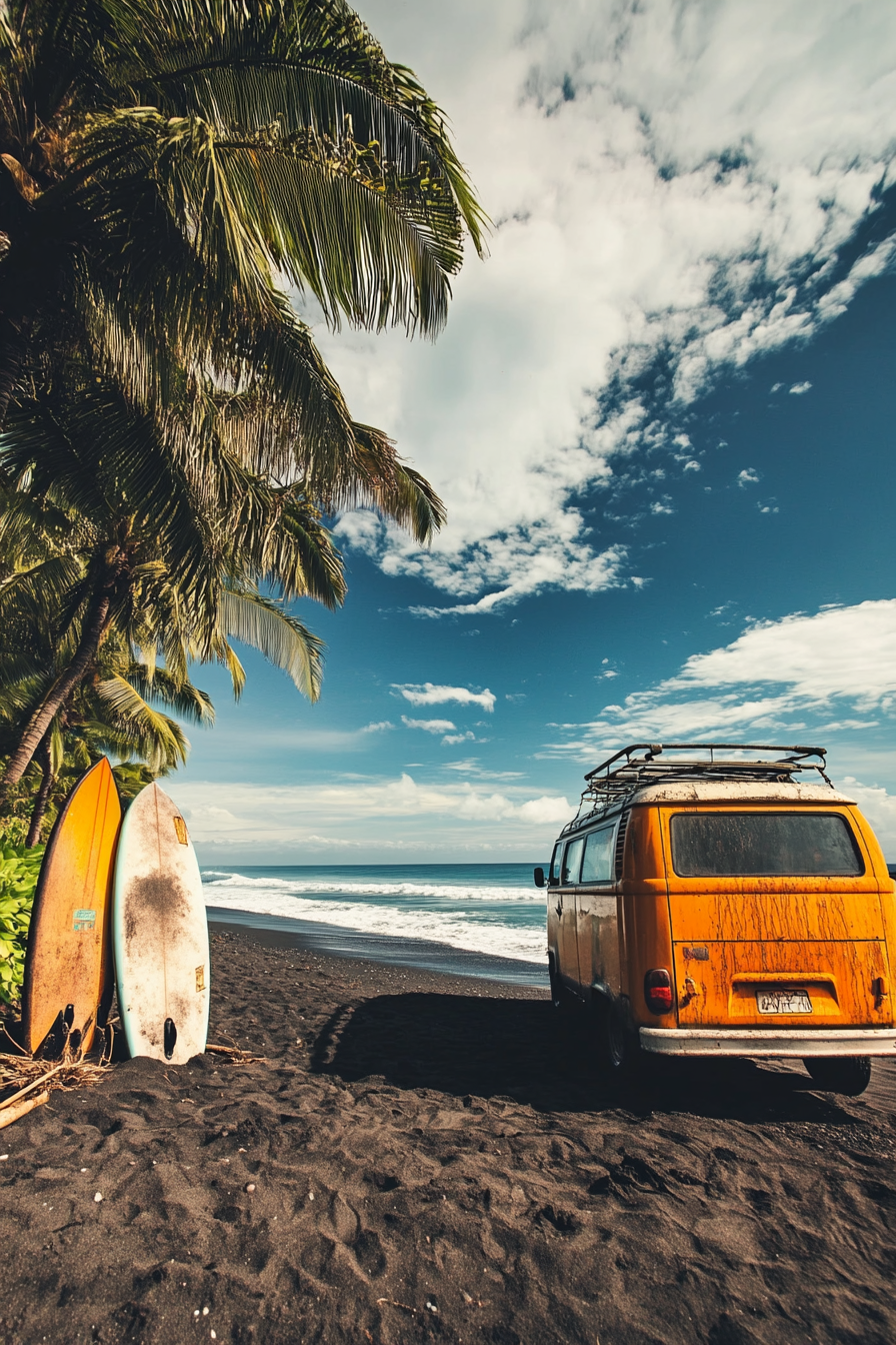 Wide angle beach view. Black sand beach with surfboard rack van and outdoor shower.