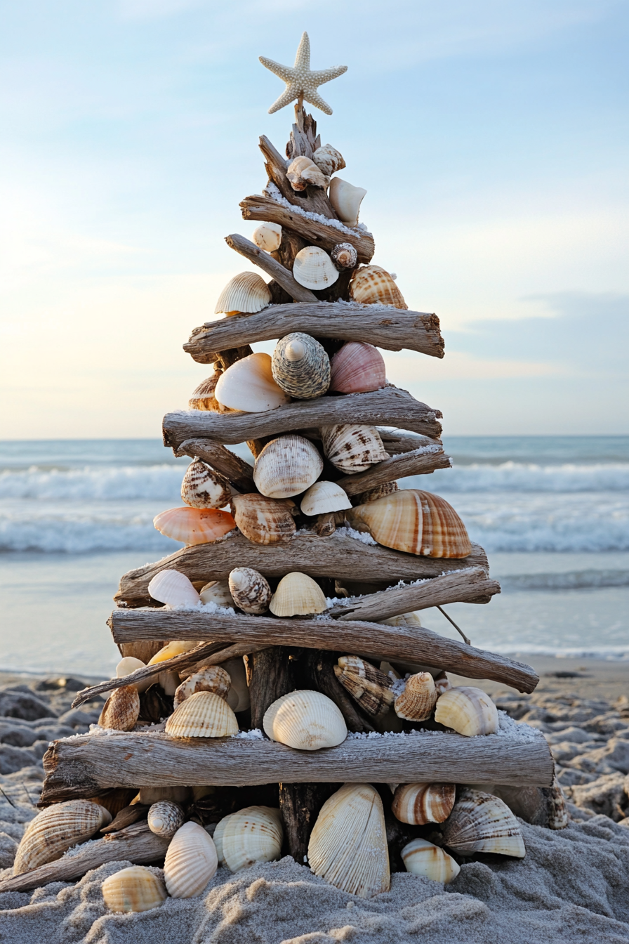 Holiday décor. Driftwood tree near winter beach, decorated with shell ornaments.