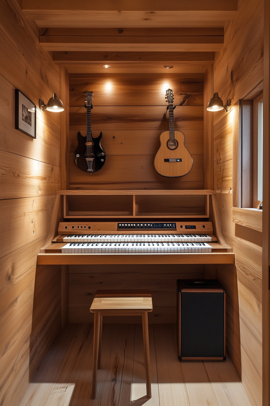 Tiny music room. Red cedar walls, sound-proofing, oak stylized keyboard mount, guitar nook.