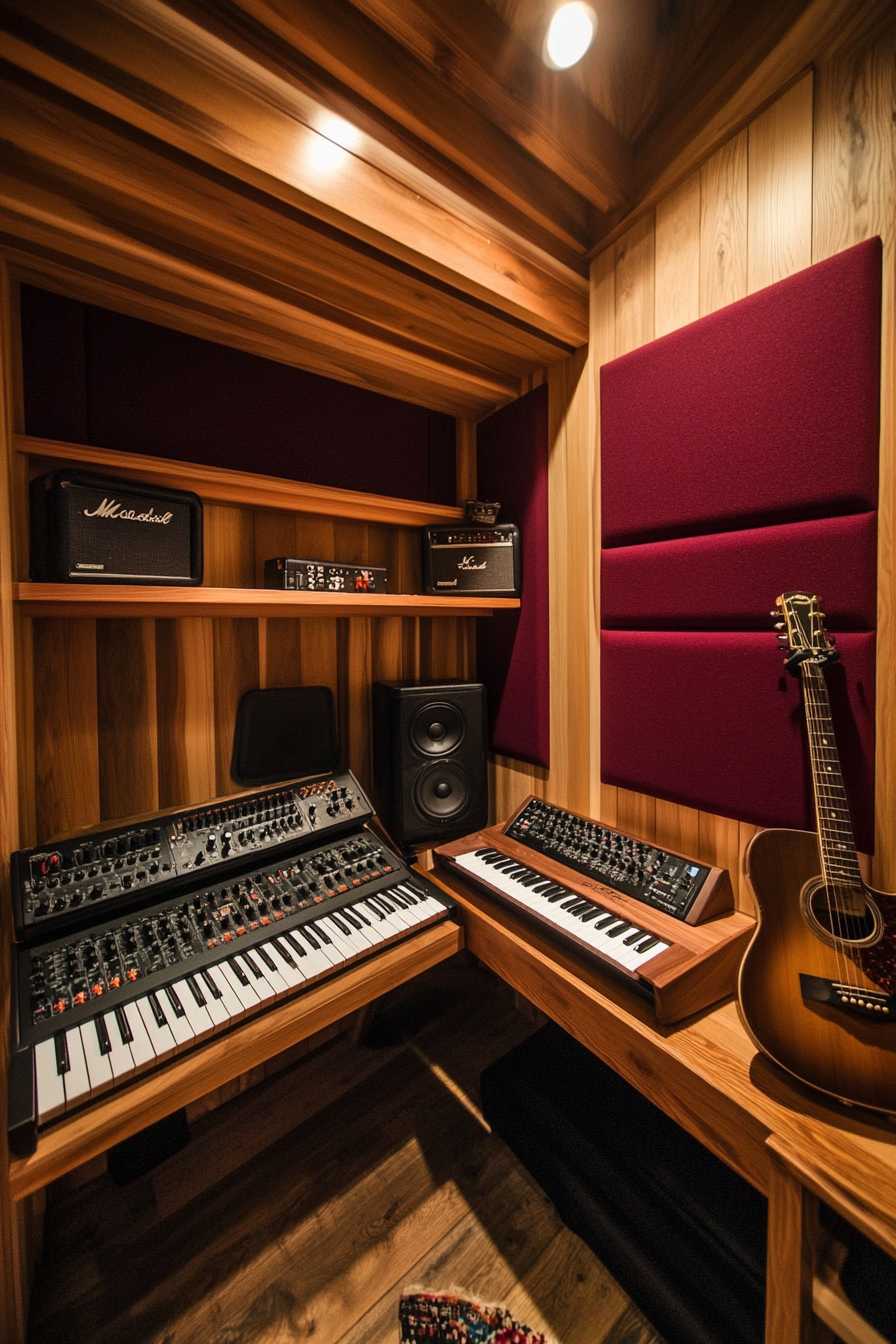 Woodland-style tiny music room. Amber oak walls, keyboard shelf, guitar holder, burgundy soundproofing panels.