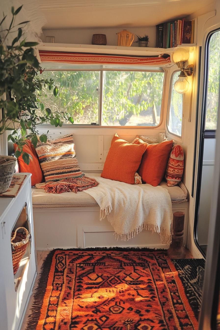 Desert-Boho reading corner. Terracotta cushions, southwest rug, retro camper, warm book light.