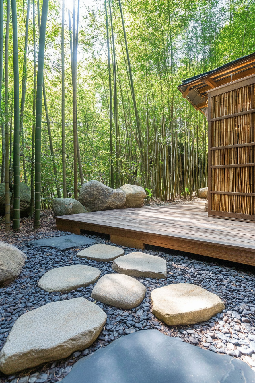 Wide angle view of minimalist tiny house deck. Bamboo screens and rock garden in bamboo forest.