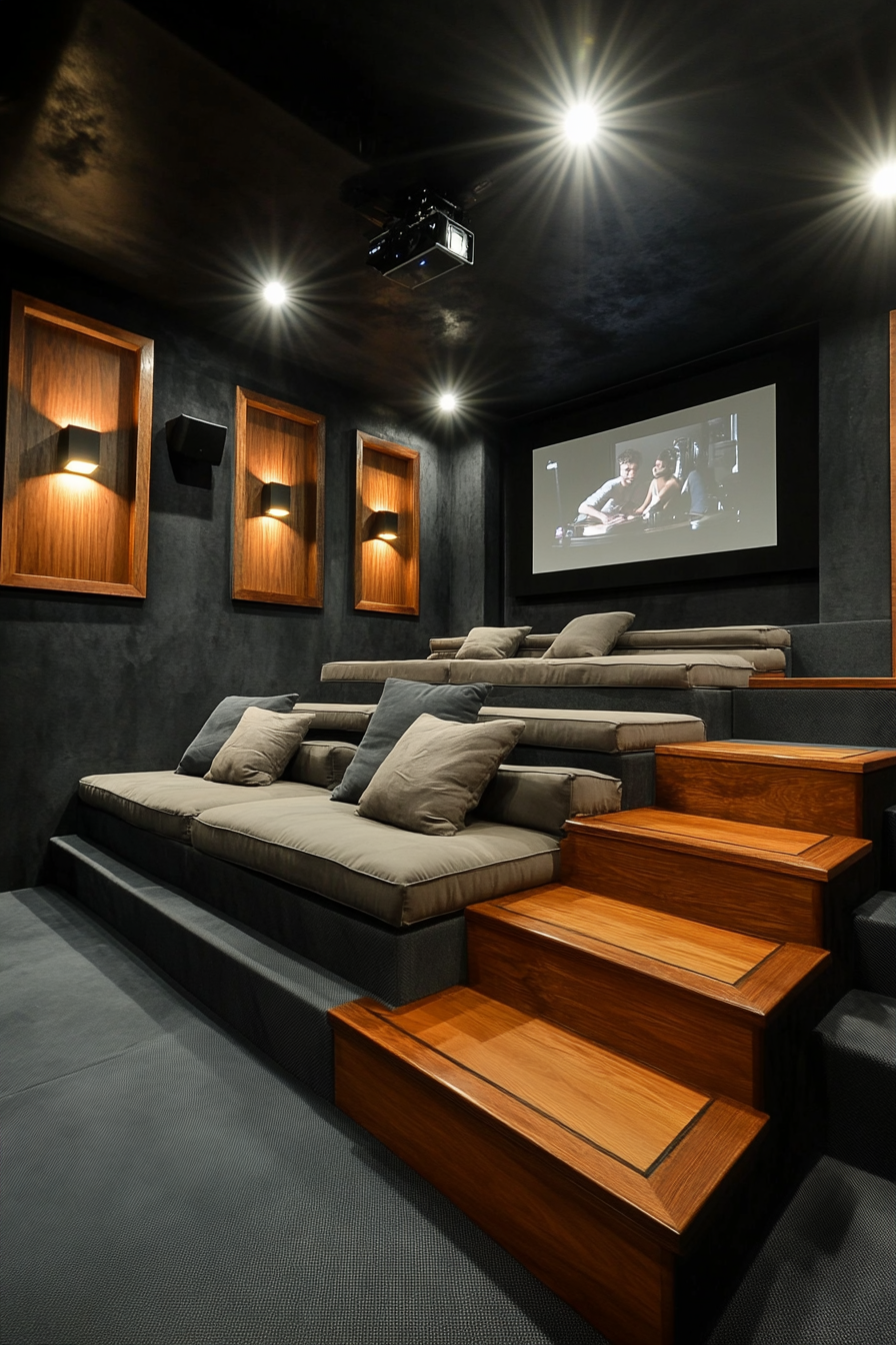 Contemporary tiny theater. Charcoal grey walls, cherry wood tiered seating, ceiling projector.