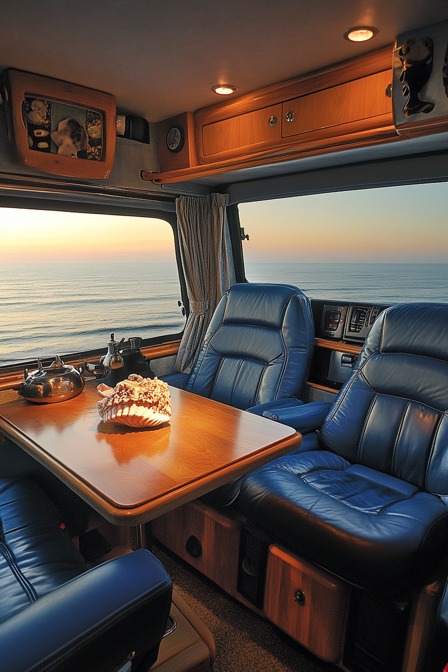 Van dining area. Blue leather seats, fold-out oak table, seashell centerpiece, ocean view window.