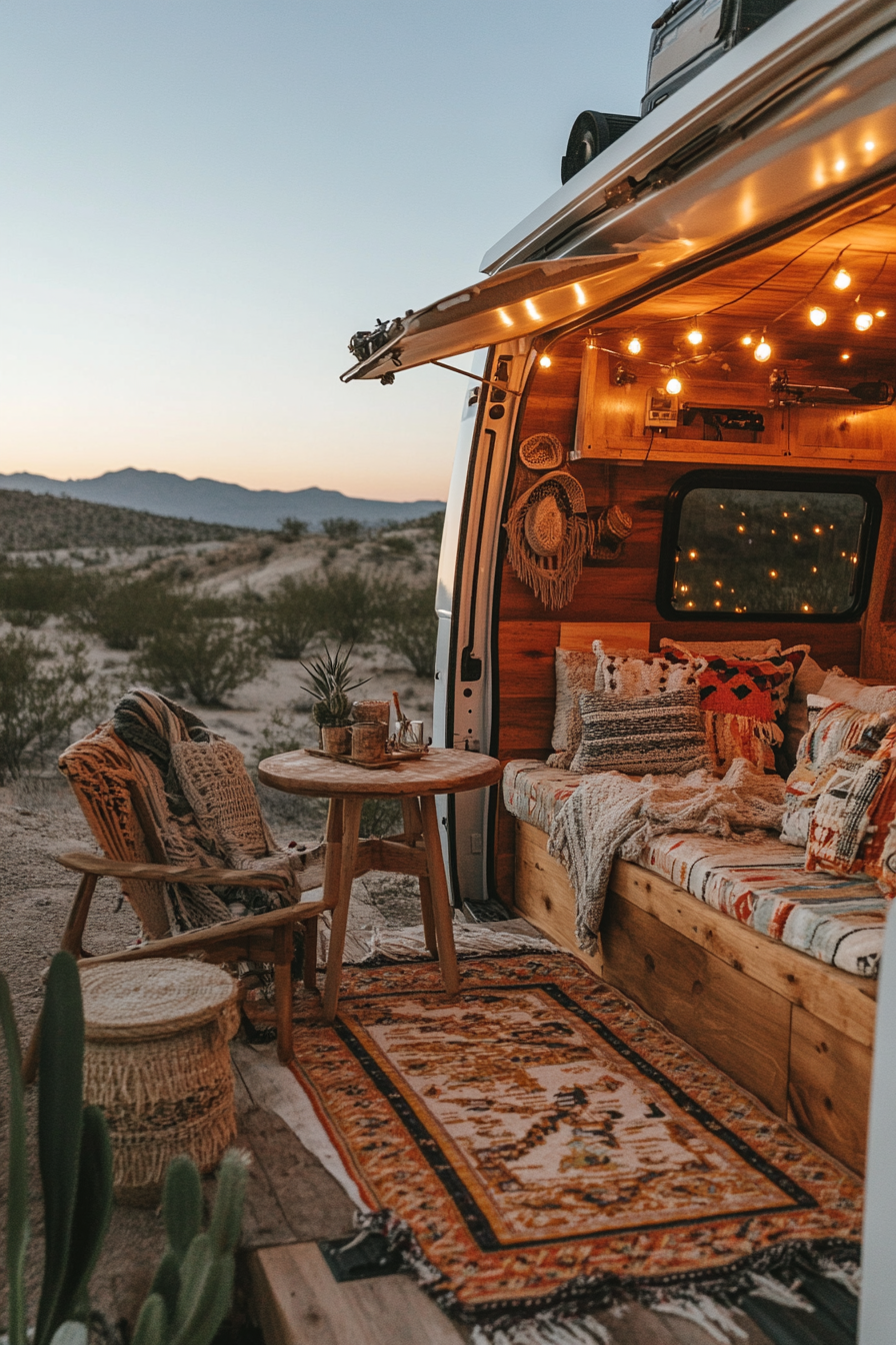 Desert-View Van Rooftop. Telescope mount, star map table, western-pattern lounger with string lights.