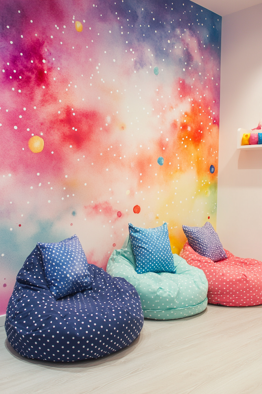 Cheerful baby space. Watercolor galaxy wallpaper with polka dot bean bags.