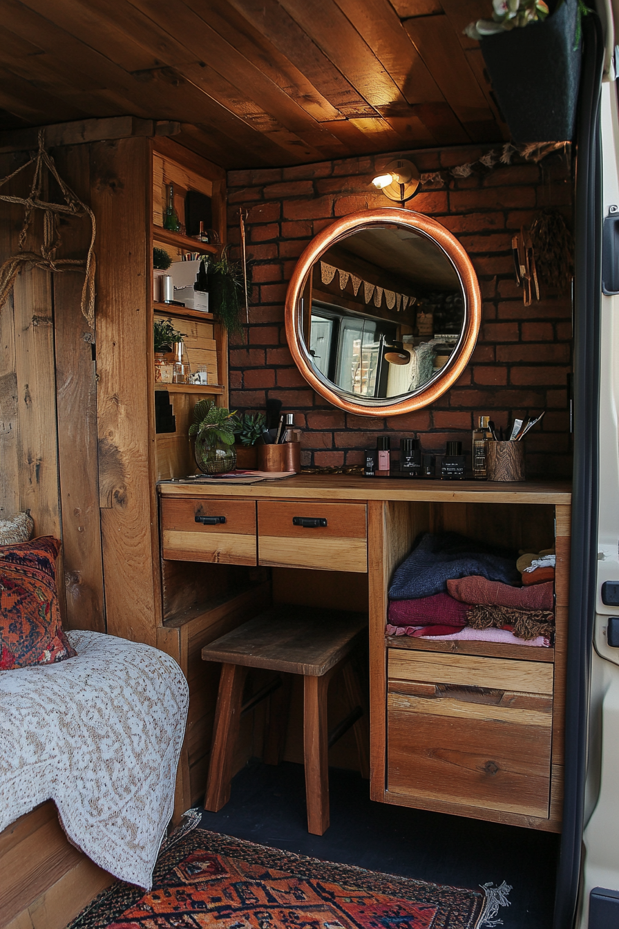 Bohemian van vanity area. Aging wooden finishing, chicago brick makeup storage, copper ring light, mahogany folding mirror.