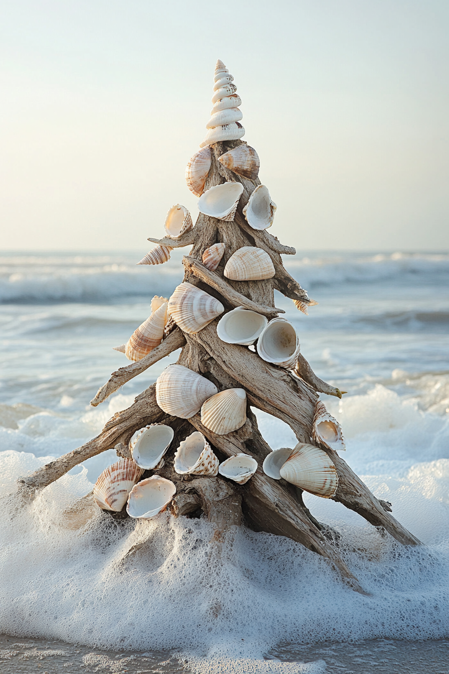 Holiday decor. Driftwood tree decorated with shell ornaments, facing frothy winter waves.