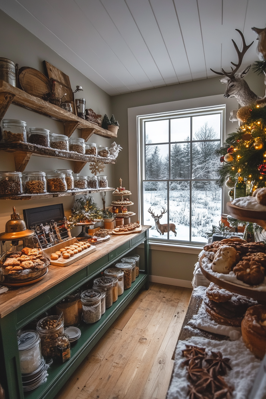 Wide angle holiday baking haven. Cookie station, spice storage, snow-filled meadow with deer.