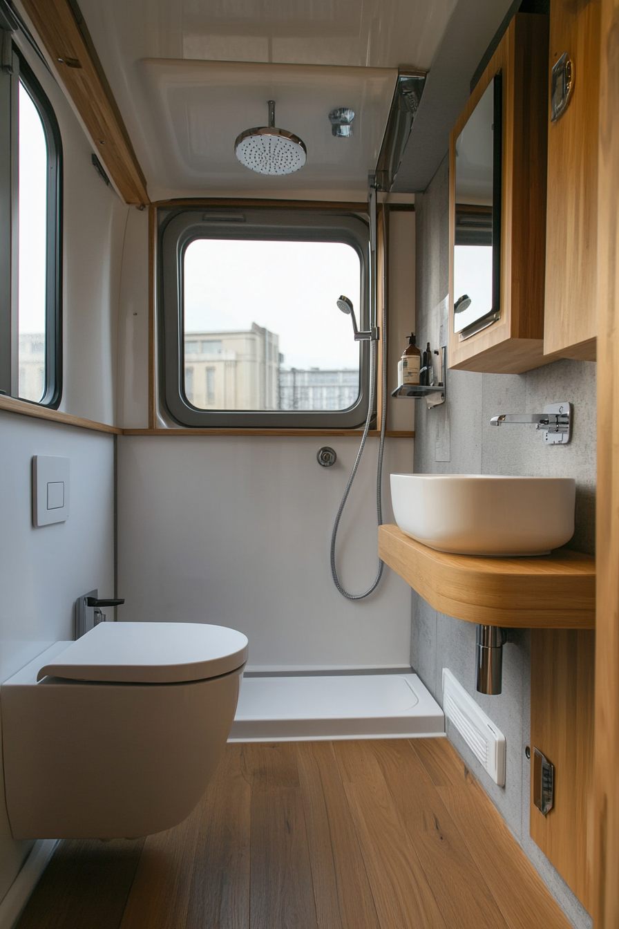 Contemporary camper bathroom. Wall-mounted smart toilet, rainfall shower, concealed storage, teak flooring.