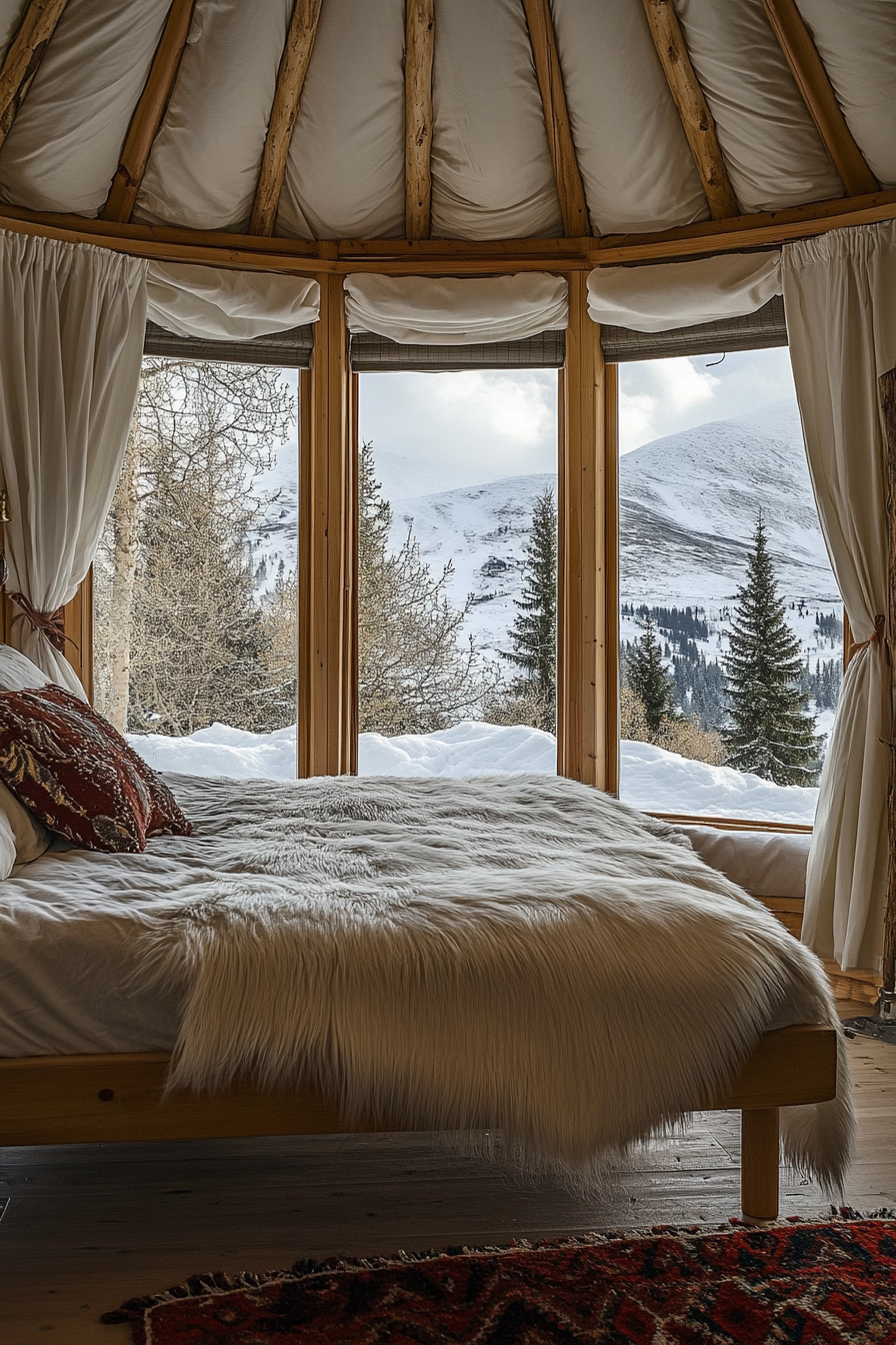 Alpine view yurt bedroom. panoramic bay window, log bed, white fur blanket.