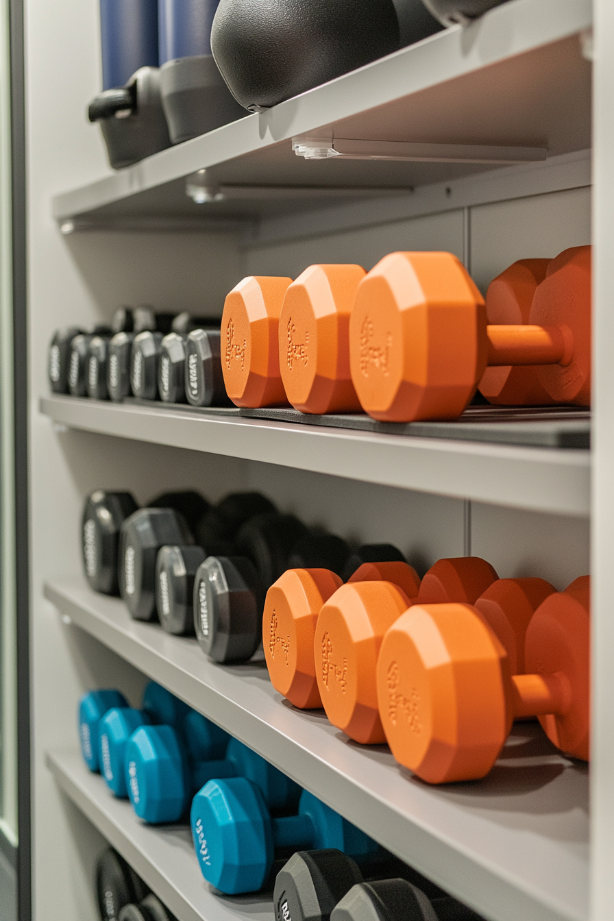 Contemporary tiny gym. Mirror wall, colored rubber dumbbells, maximum equipment storage, grey floor mats.