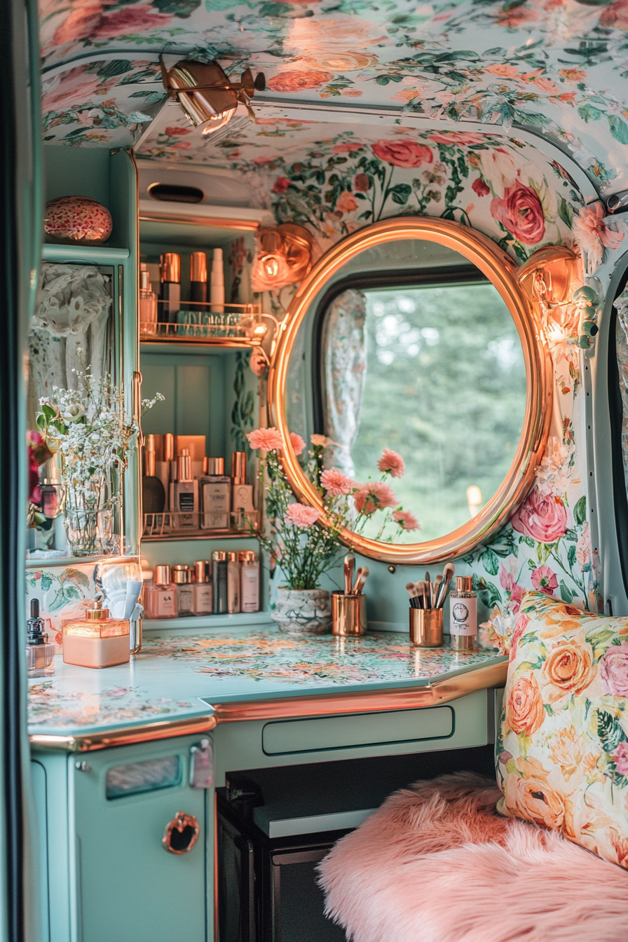 Bohemian van vanity area. Swing-open mirror with floral decal detailing, rose gold shelving for makeup, ring light placement.