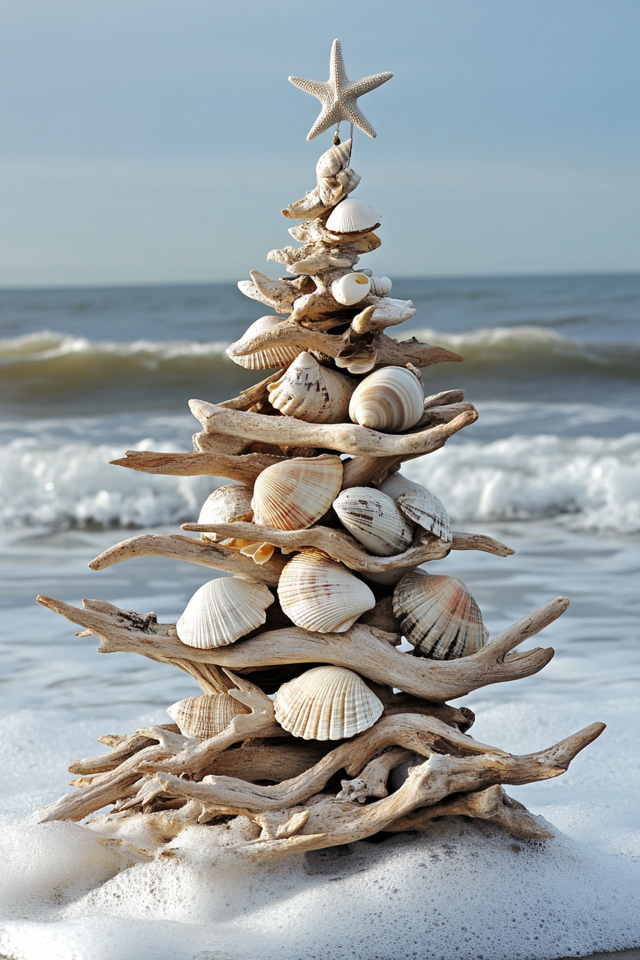 Holiday decor. Driftwood tree with shell ornaments against winter beach waves.