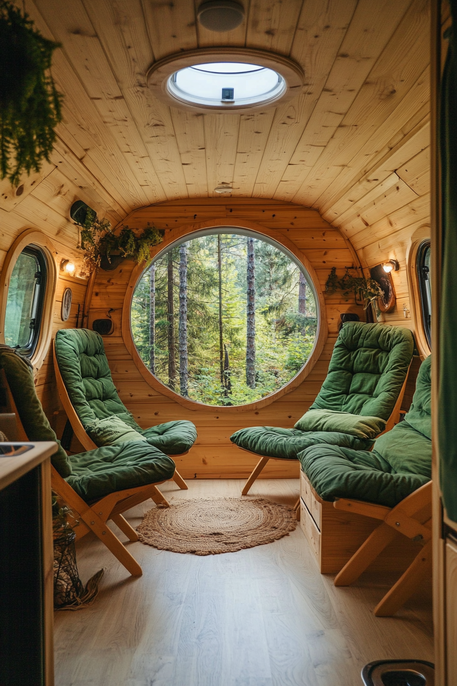 Woodland-Style Van Lounge. Pine-panelled interior, porthole windows displaying forest, folded camper chairs.