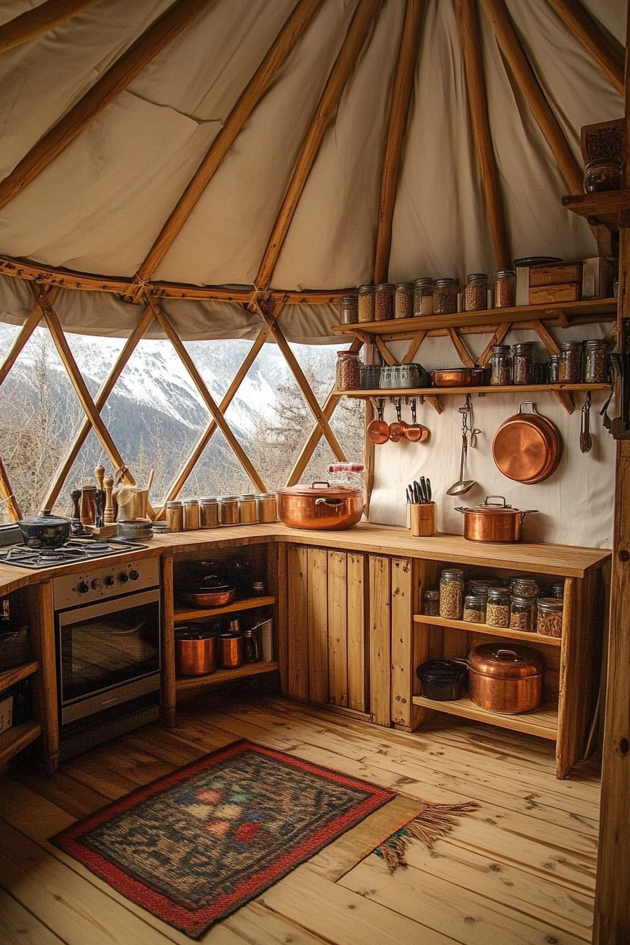 Alpine-style yurt kitchen. Wood-framed windows, copper pots on wooden shelves, spice wall adjacent.