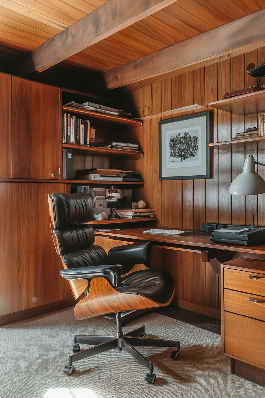 Mobile workspace. Walnut-paneled office with vintage Eames chair under dramatic beam light.